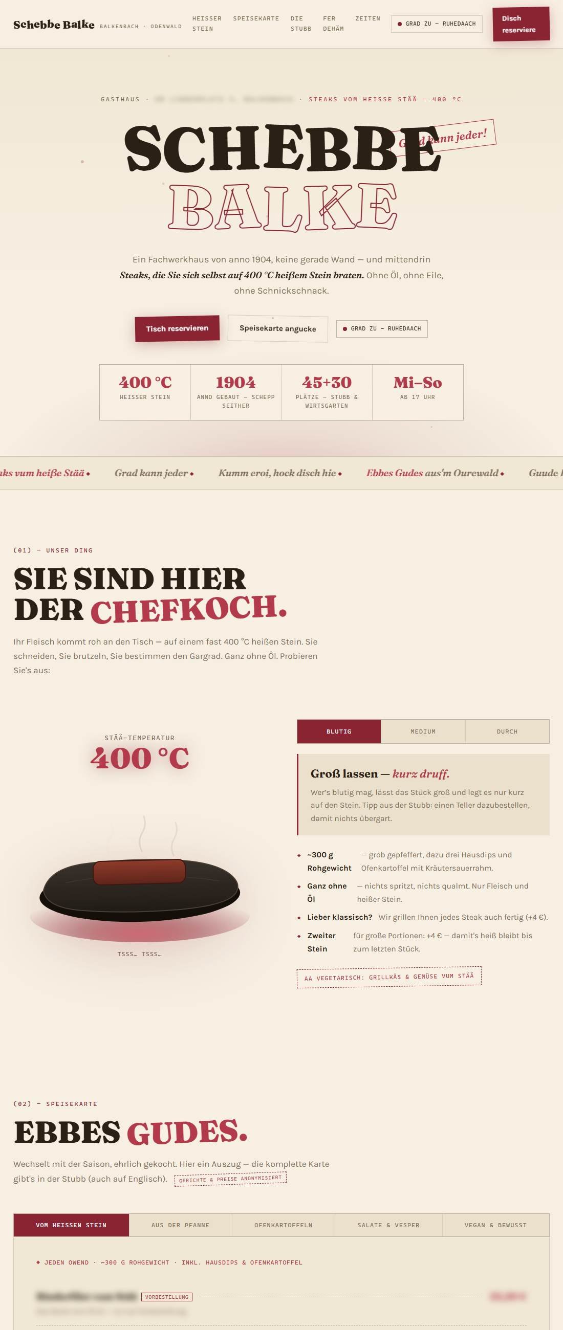 Vorschau des Gastronomie-Konzepts: schiefe Hero-Typografie und interaktiver Heißer-Stein-Bereich