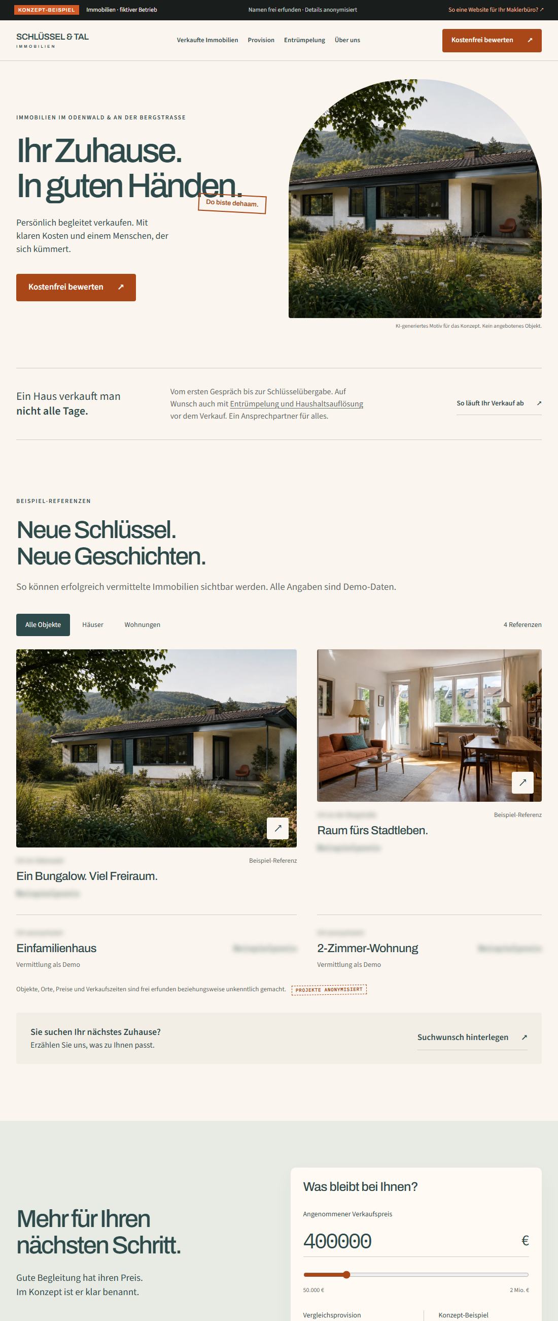 Vorschau der Immobilien-Konzeptwebsite mit Hausmotiv, Objektfilter und Provisionsrechner