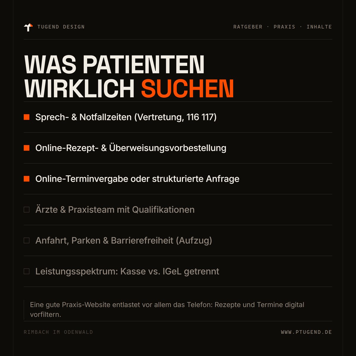 Checkliste für die Inhalte einer Arztpraxis-Website: Sprechzeiten, Rezeptvorbestellung, Terminvergabe, Team, Anfahrt und Leistungsspektrum.