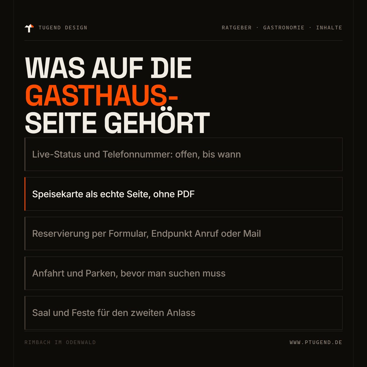 Aufbau einer Gasthaus-Website: Live-Öffnungsstatus und Telefonnummer, Speisekarte als echte Seite, Reservierung, Anfahrt mit Parken sowie Saal und Feste.